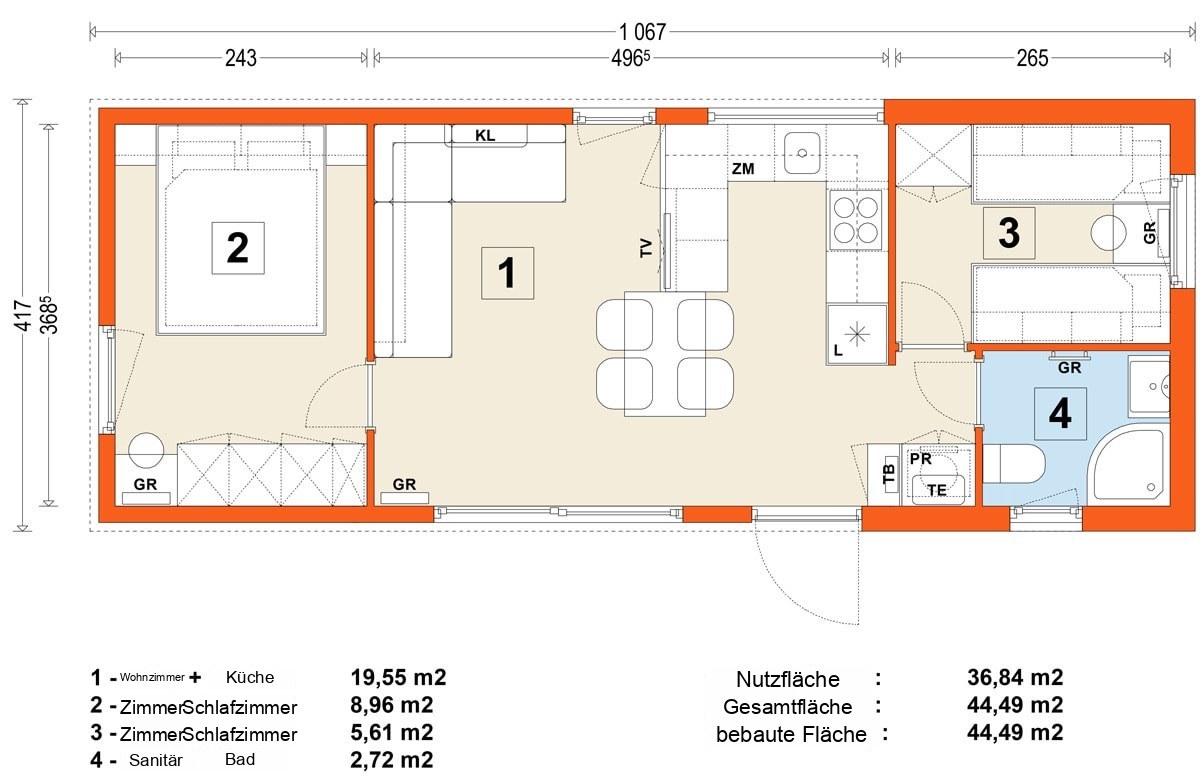 Mobilhaus D – Variante 5 – Grundriss (Erdgeschoss)
