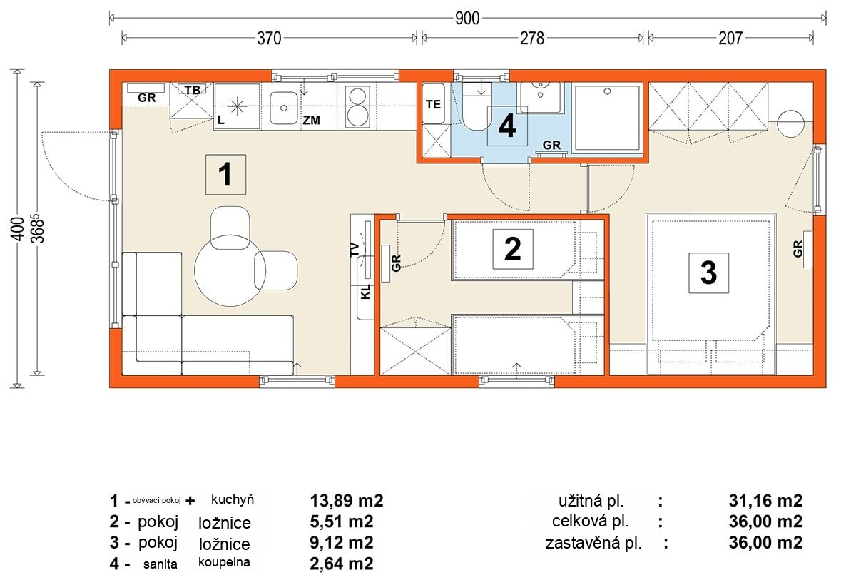 Mobilný dom B – variant 12 – pôdorys