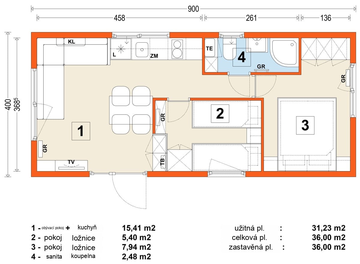 Mobilný dom B – variant 4 – pôdorys