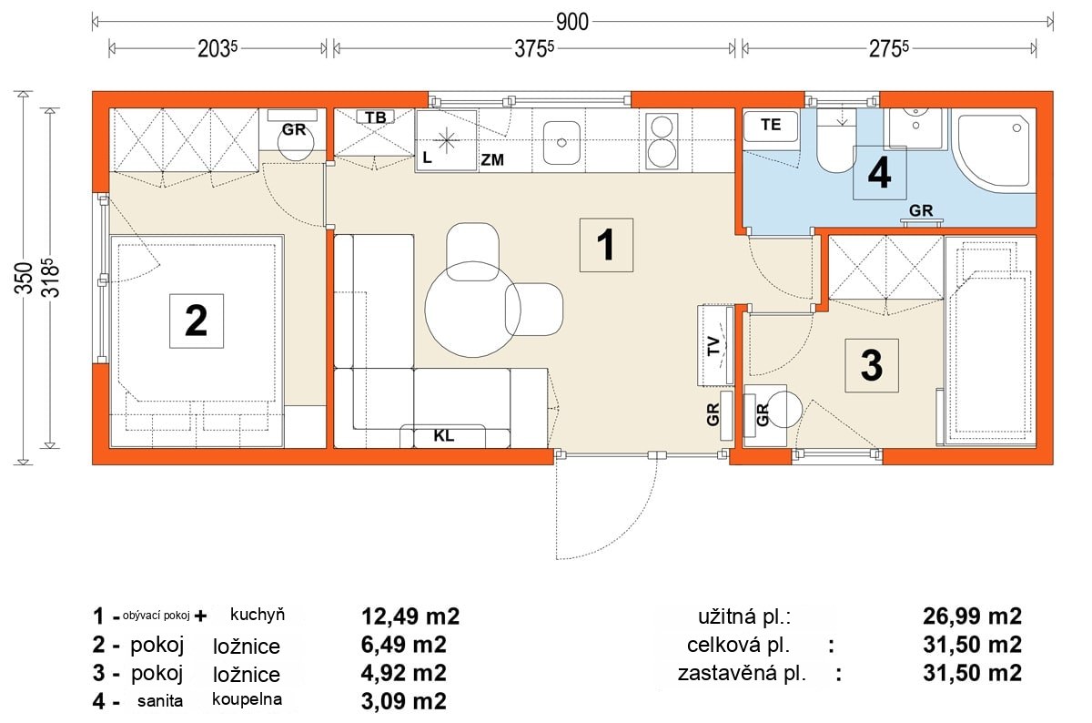 Mobilný dom B – variant 6 – pôdorys