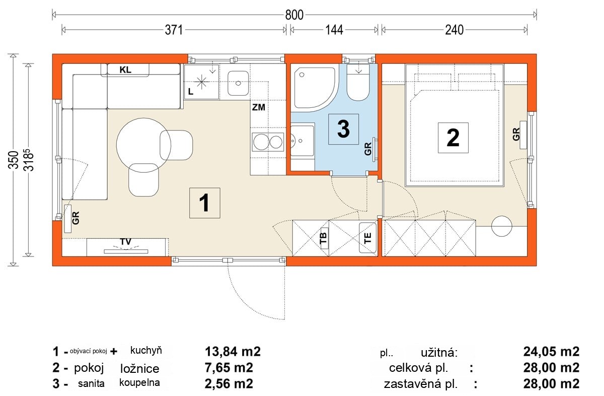 Mobilný dom B – variant 8 – pôdorys