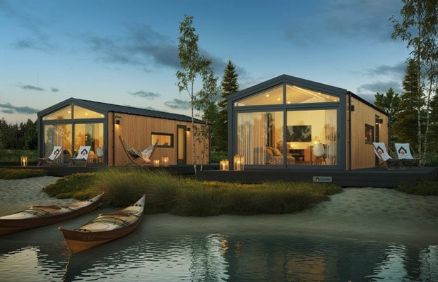Mobile home E — a minimalist mobile home with a fully glazed gable wall and a designer interior