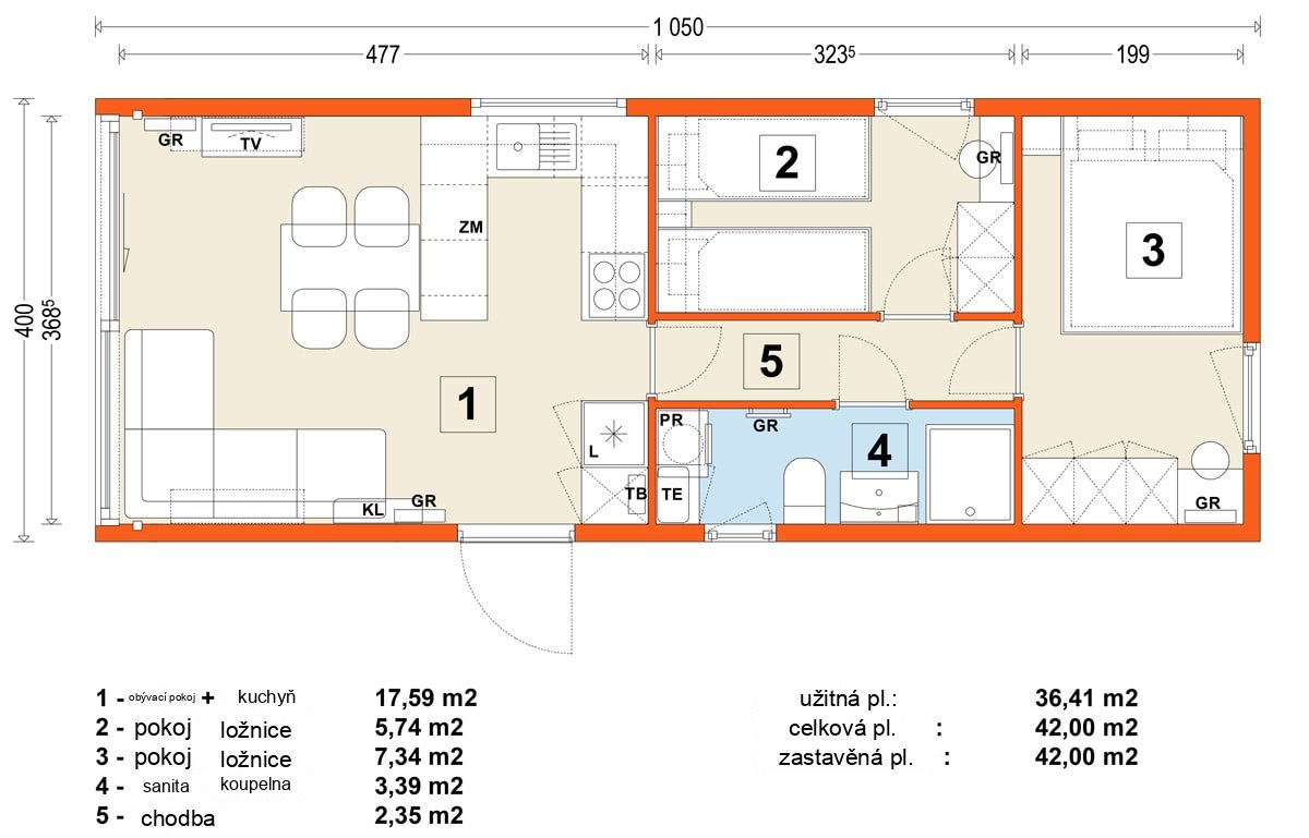 Mobilní dům E – varianta 4 – půdorys