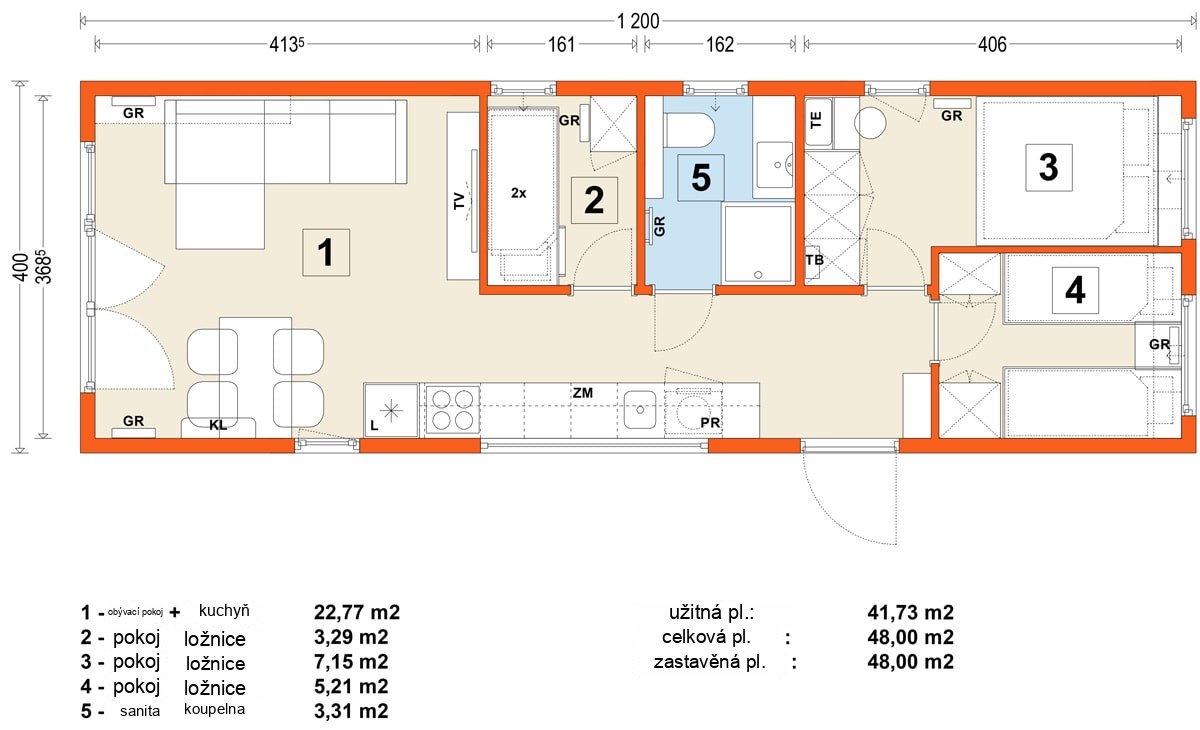 Mobilní dům E – varianta 6 – půdorys