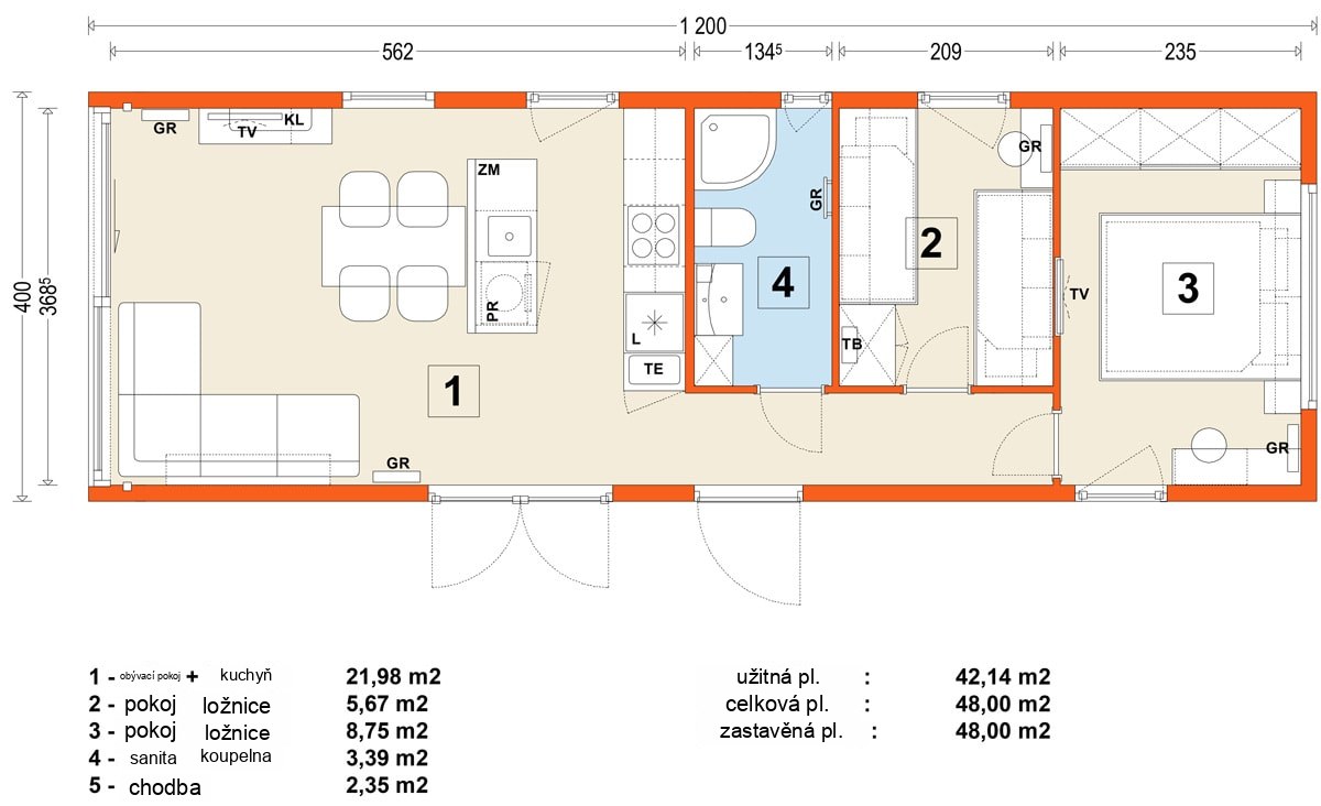 Mobilní dům E – varianta 7 – půdorys