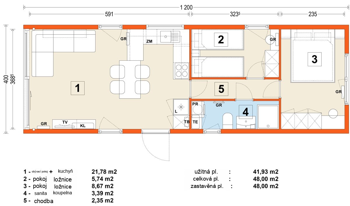 Mobilní dům E – varianta 8 – půdorys